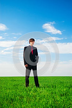 Serious businessman standing at the grass