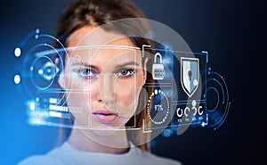 Serious businesswoman and biometric scanning hologram, security and data access