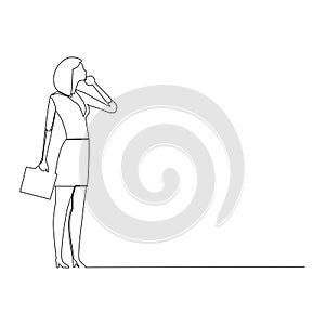 Serious businesswoman with a briefcase thinking about her business. Simple continuous line drawing illustration