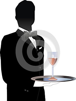 A serious butler, head waiter, or server is serving a glass of wine.