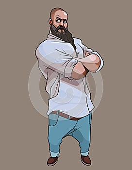 Serious cartoon bearded man stands with his arms crossed on his chest