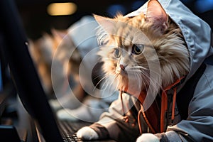 serious cat programmer working on the computer in office