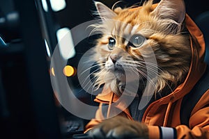 serious cat programmer working on the computer in office