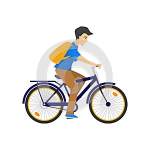 Serious caucasian man with backpack riding blue bicycle on white