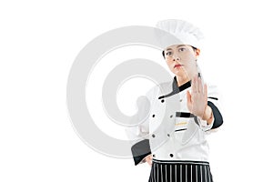 Serious chef making stop reject sign hand