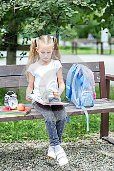 A serious child is reading a book on a bench. The concept of school, study, education, friendship, childhood.