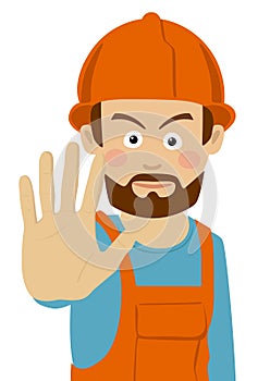 Serious construction worker man showing stop gesture