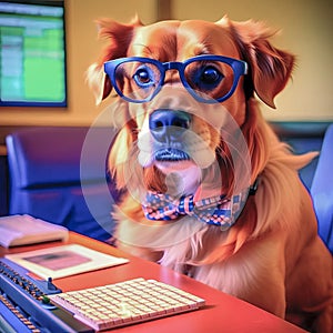 Serious dog manager, dog accountant, dog secretary, dog with calculator and notepad