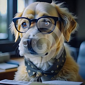 Serious dog manager, dog accountant, dog secretary, dog with calculator and notepad