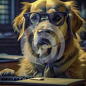 Serious dog manager, dog accountant, dog secretary, dog with calculator and notepad