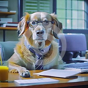 Serious dog manager, dog accountant, dog secretary, dog with calculator and notepad