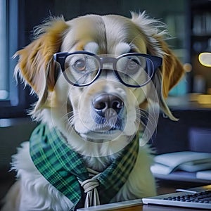 Serious dog manager, dog accountant, dog secretary, dog with calculator and notepad