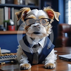 Serious dog manager, dog accountant, dog secretary, dog with calculator and notepad