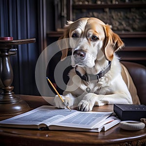 Serious dog writer, dog journalist, dog secretary, dog with book and feather