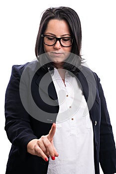 Serious entrepreneur woman using finger to touch invisible screen