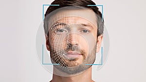 Serious european millennial male with stubble, double exposure with digital identity