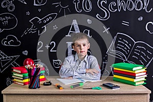 Serious excellent schoolboy sitting on the desk with books, school supplies, with both arms leaned one to another