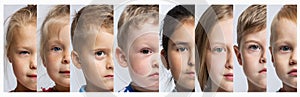 Serious faces of children. Future generation. Close-up. Collage, set of images. Panorama format