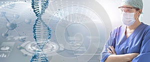 Serious female doctor examining a dna helix hologram, genetic disease care concept