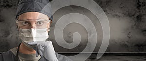 Serious Female Doctor or Nurse Wearing Scrubs, Protective Face Mask and Goggles Banner