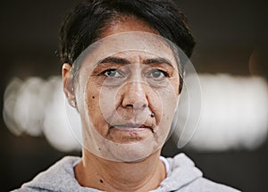 Serious, fitness and portrait of old woman at gym for health, exercise and sweating. Workout, wellness and sad with face