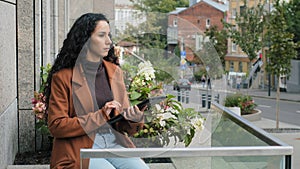 Serious focused busy pensive business woman with digital tablet girl with modern wireless gadget device chat browsing