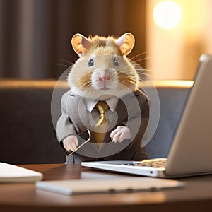 Serious and funny looking hamster wearing business suit sits at its desk in office with laptop and mobile phone. Generative AI