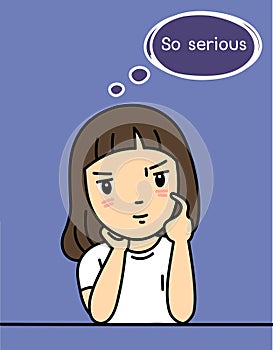 Serious girl thinking character vector illustration