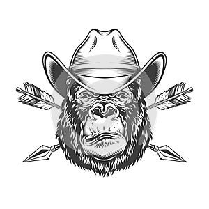 Serious gorilla head in cowboy hat