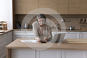 Serious grey haired homeowner woman calculating money