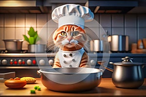 Serious and handsome chef cat preparing food in the kitchen