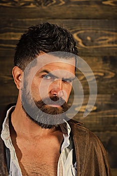 Serious hipster in barbershop, look. Man with beard and mustache on wooden background. Barber and hairdresser salon