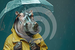 Serious impressive important hippopotamus in a raincoat under an open umbrella. photo