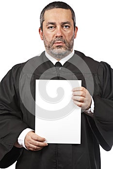 Serious judge holding the blank card