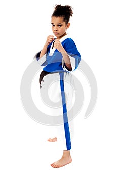 Serious karate girl with her fist in foreground