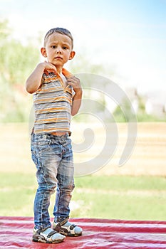 Serious little boy stands on bench on blurred background