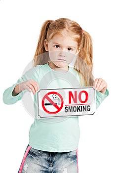 Serious Little Girl With No Smoking Sign.