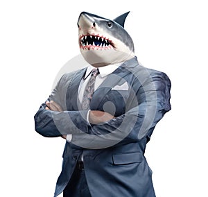 Serious looking shark businessman with crossed arms, half body corporate portrait isolated on white. Generative AI