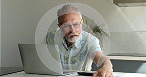 Serious male retiree make home accounting work sitting by laptop