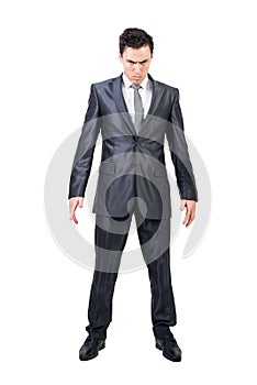 Serious man in elegant suit. White background.