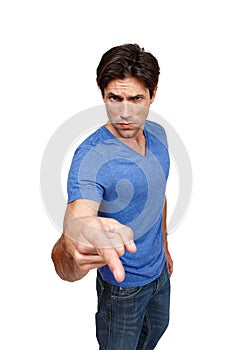 Serious man, pointing and finger in studio for motivation, encourage and inspiration. Male person, gesture and hand with