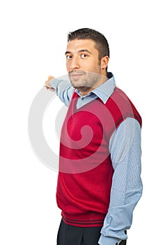Serious man pointing to copy space