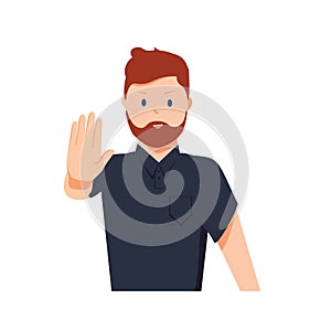 Serious man shows stop gesture. Vector illustration in cartoon style. Cartoon charcter deny, stop expression. Rejection