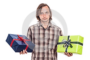 Serious man with two gifts