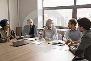 Serious mature business leader woman talking to diverse colleagues