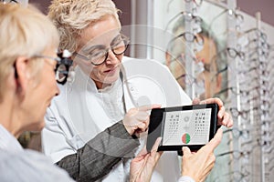 Serious mature female ophthalmologist testing patient`s vision for myopia with a test chart