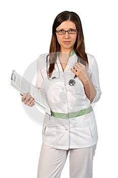 Serious nurse in glasses with clipboard and stethoscope