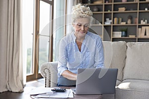 Serious old woman manage household budget use laptop