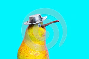 Serious pear fruit character wearing a cowboy hat