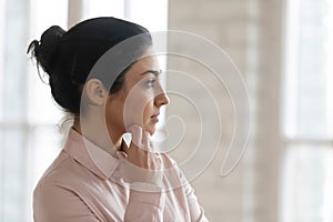 Serious pensive office employee thinking over work challenge